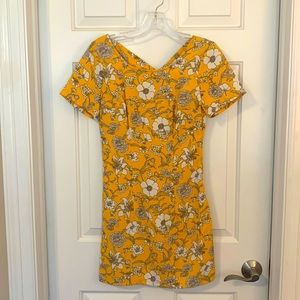 Yellow Floral Mini Dress with Criss Cross Back